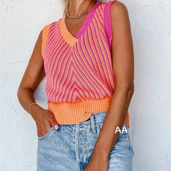 Cozy Boho Colorblock Sleeveless Knit Sweater Top Pink Orange - Picture 3 of 6